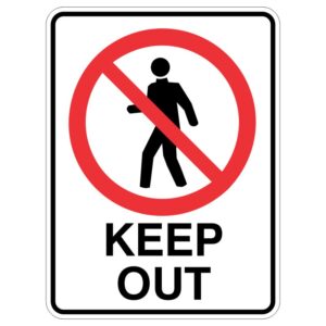 A warning sign featuring a red circle with a diagonal line over a walking figure, accompanied by the text 'KEEP OUT' in bold black letters underneath.