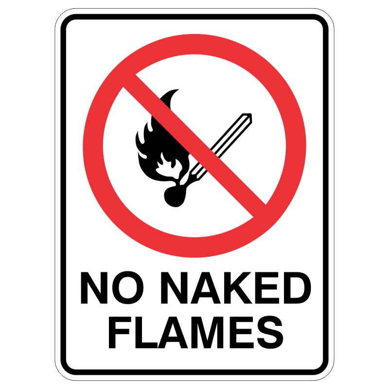 A warning sign displaying a red circle with a diagonal line over an icon of a matchstick with flames, accompanied by the text 'NO NAKED FLAMES' in bold black letters.