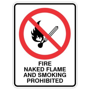 A prohibition sign featuring a red circle with a diagonal line over a matchstick and flame graphic, accompanied by the text 'FIRE NAKED FLAME AND SMOKING PROHIBITED' below.