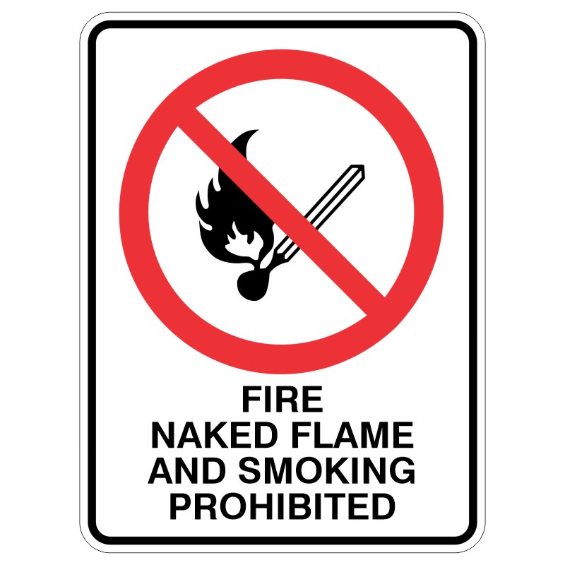 A prohibition sign featuring a red circle with a diagonal line over a matchstick and flame graphic, accompanied by the text 'FIRE NAKED FLAME AND SMOKING PROHIBITED' below.