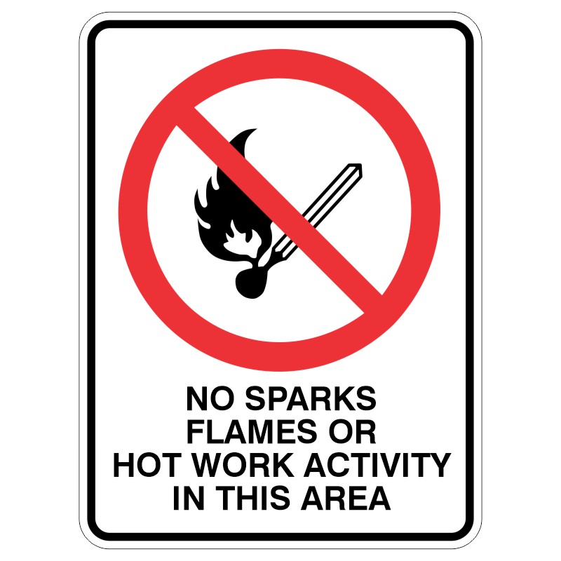A warning sign with a red circle and line over an image of a match and flames, indicating 'No sparks, flames or hot work activity in this area.'
