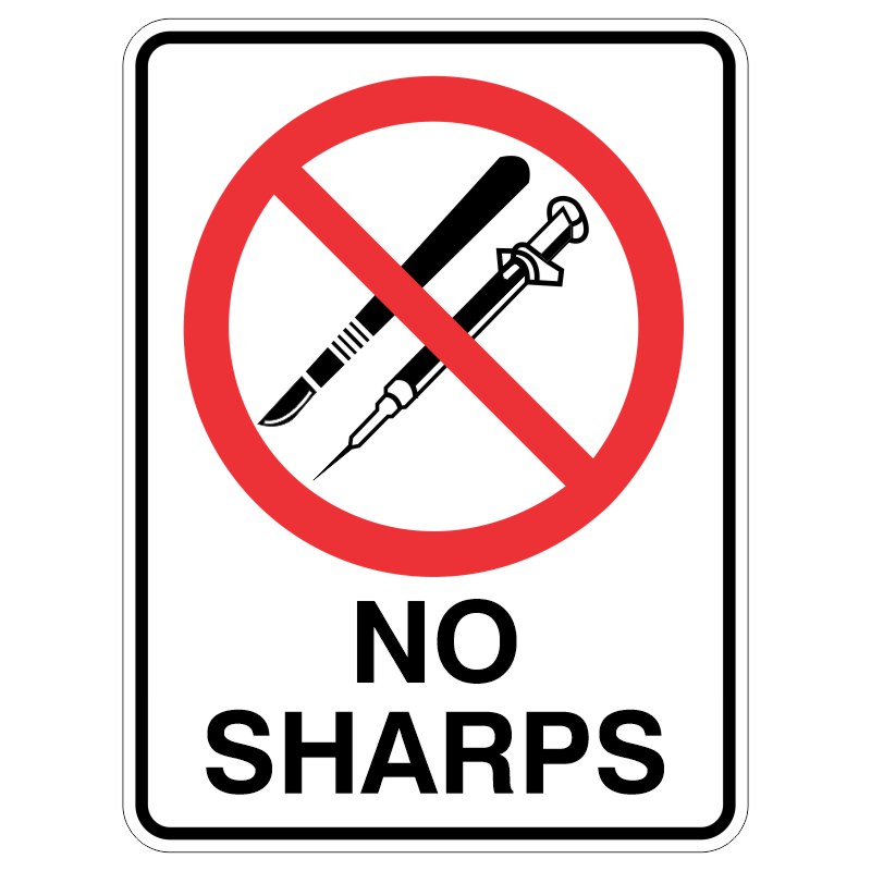 A safety sign with a red circle and diagonal line across a scalpel and a syringe, indicating 'No Sharps'.