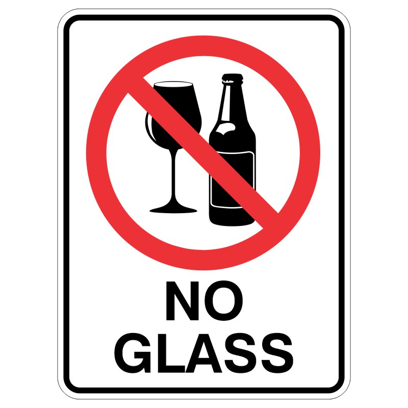 A sign displaying a red circle with a diagonal line across a wine glass and a beer bottle, with the text 'NO GLASS' in bold at the bottom, indicating a prohibition on glass containers.