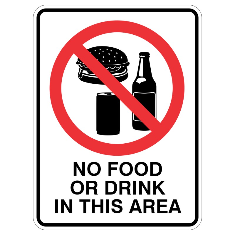 A prohibition sign featuring a red circle with a diagonal line crossing over a hamburger, a bottle, and a can, with the text 'NO FOOD OR DRINK IN THIS AREA' below.