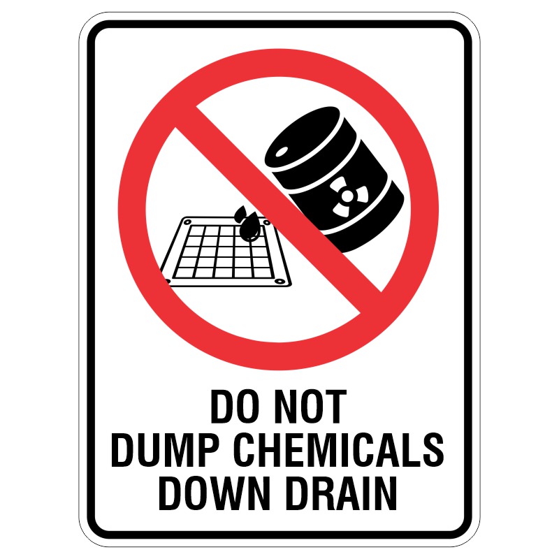 A warning sign featuring a crossed-out barrel with a radioactive symbol and a grid, accompanied by the text 'DO NOT DUMP CHEMICALS DOWN DRAIN'.