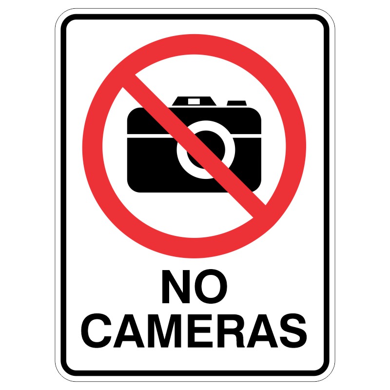A sign with a red circle and diagonal line over a black camera icon, accompanied by the text 'NO CAMERAS' in bold black letters.