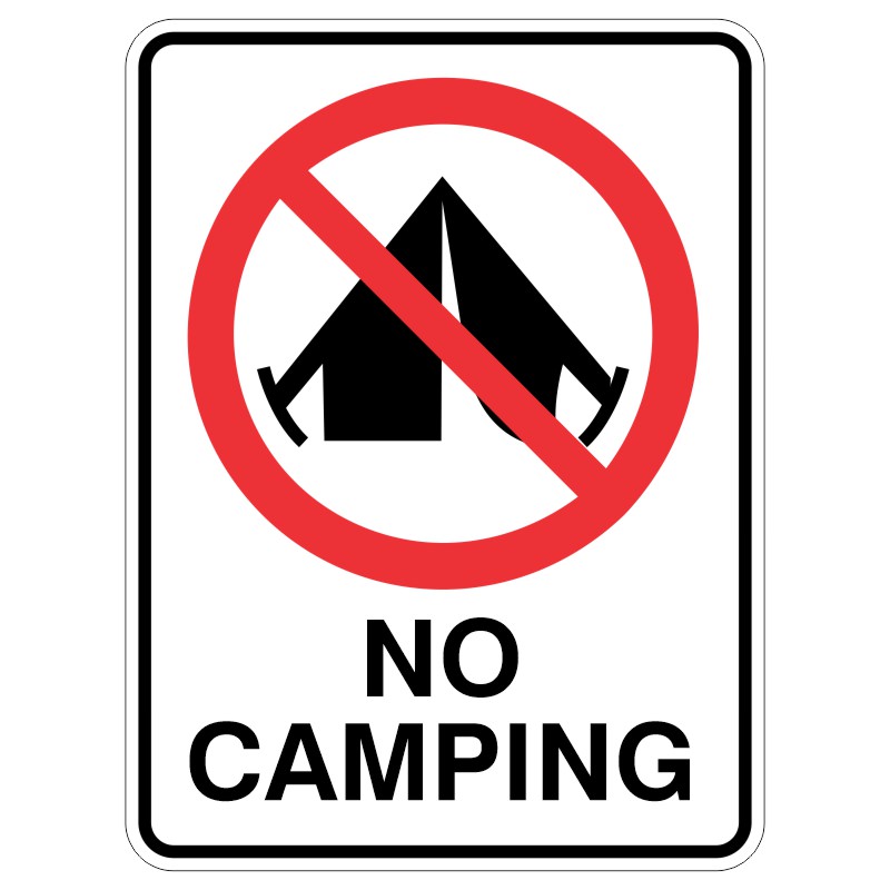 A sign depicting a black tent icon crossed out with a red circle and slash over it, accompanied by the text NO CAMPING in bold black letters at the bottom.