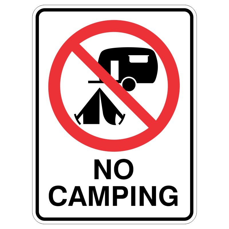 A rectangular sign featuring a red circle with a diagonal line over a black camper and tent symbol, accompanied by text stating NO CAMPING in bold black letters at the bottom.