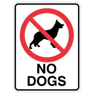A No Dogs sign featuring a silhouette of a dog inside a red circle with a diagonal line crossing through it.