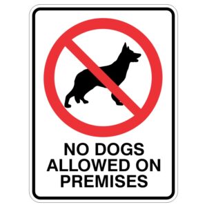 A prohibition sign featuring a black silhouette of a dog inside a red circle with a diagonal line crossing it, accompanied by the text NO DOGS ALLOWED ON PREMISES at the bottom.