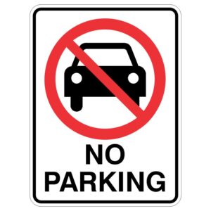 A traffic sign depicting a black car inside a red circle with a diagonal line through it, accompanied by the words NO PARKING in bold black letters beneath.