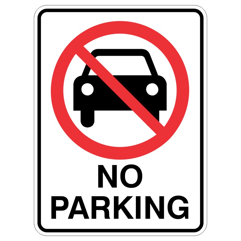 A traffic sign depicting a black car inside a red circle with a diagonal line through it, accompanied by the words NO PARKING in bold black letters beneath.
