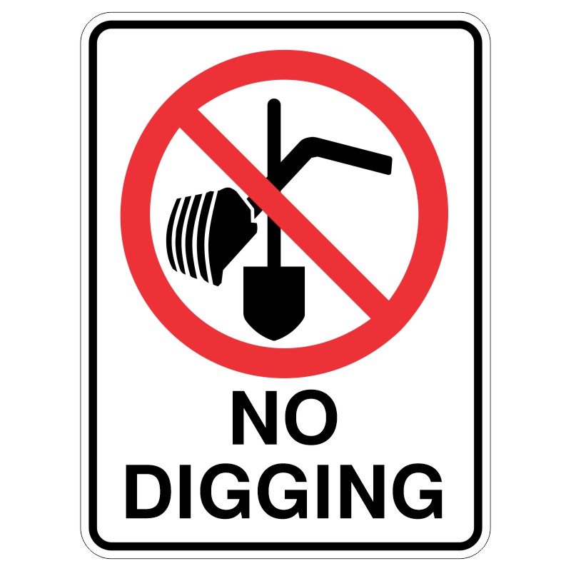 A rectangular sign featuring a stylized shovel and a digging symbol, crossed out with a red circle and slash, alongside the text NO DIGGING in bold black letters at the bottom.
