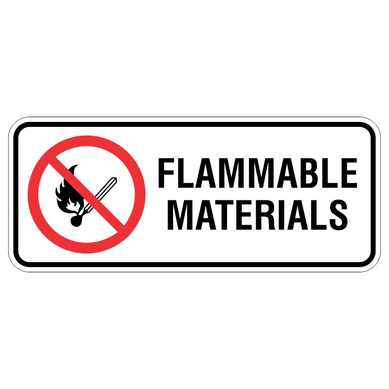 A safety sign indicating Flammable Materials with a red circle and diagonal line over a matchstick and flame symbol.