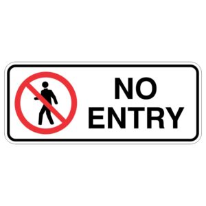 A sign indicating No Entry, featuring a silhouette of a person walking inside a red circle with a diagonal line across it, all set against a white background with bold black text.