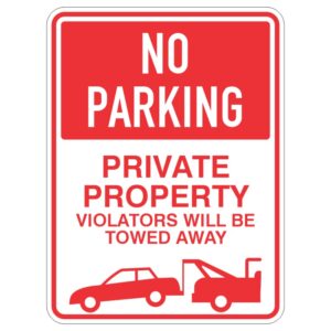 A No Parking sign indicating private property, stating that violators will be towed away, accompanied by images of a parked car and a tow truck.
