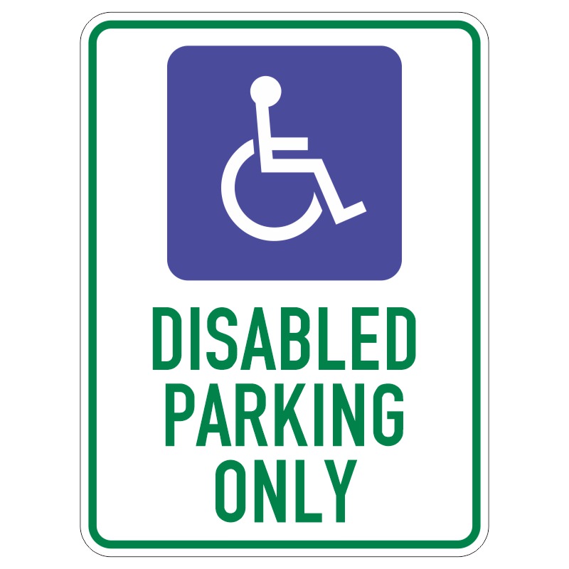 A sign indicating DISABLED PARKING ONLY, featuring a graphic of a person in a wheelchair against a blue background, with the text in large green letters.