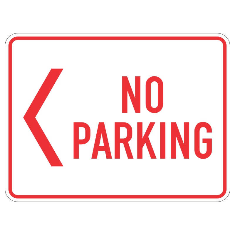 A rectangular sign with a white background and red border displaying the text NO PARKING in large bold red letters, accompanied by a red arrow pointing to the left.