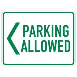 A rectangular sign with a green border and text reading PARKING ALLOWED in bold capital letters, accompanied by a green arrow pointing left.