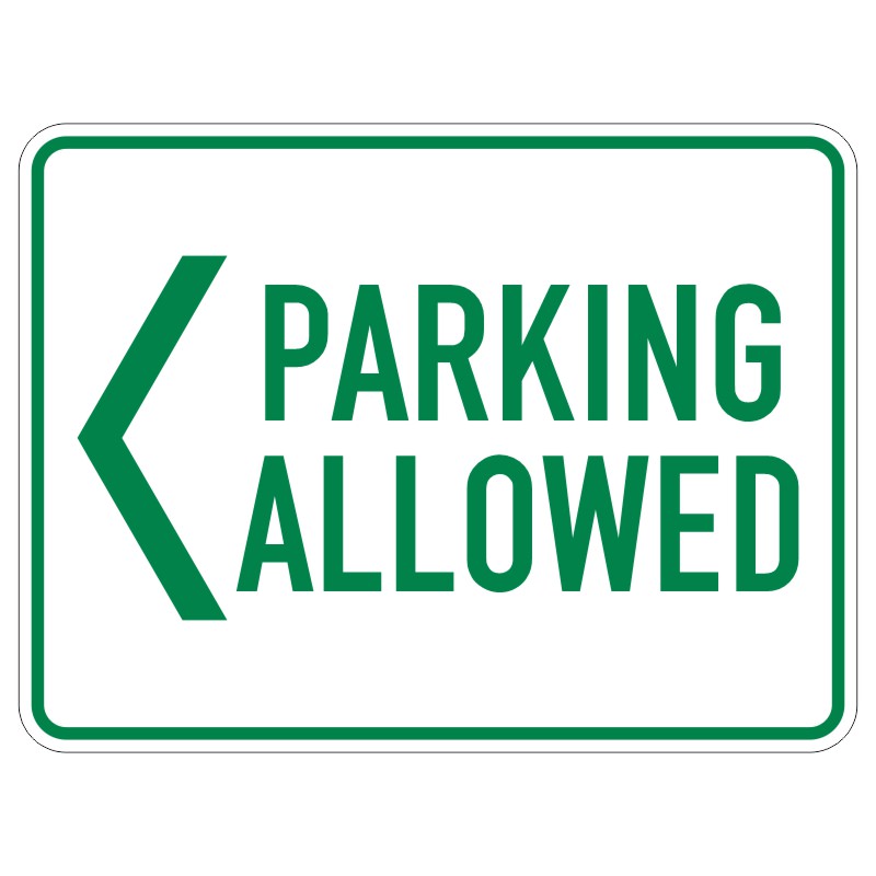 A rectangular sign with a green border and text reading PARKING ALLOWED in bold capital letters, accompanied by a green arrow pointing left.