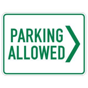 A rectangular sign displaying the text PARKING ALLOWED in green letters on a white background, with an arrow pointing to the right.