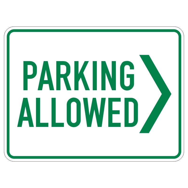 A rectangular sign displaying the text PARKING ALLOWED in green letters on a white background, with an arrow pointing to the right.