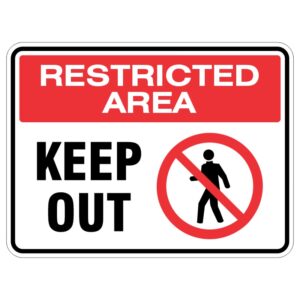 A sign indicating a restricted area with the text 'RESTRICTED AREA' in red at the top, followed by 'KEEP OUT' in large black letters, and an icon of a person with a prohibition symbol.