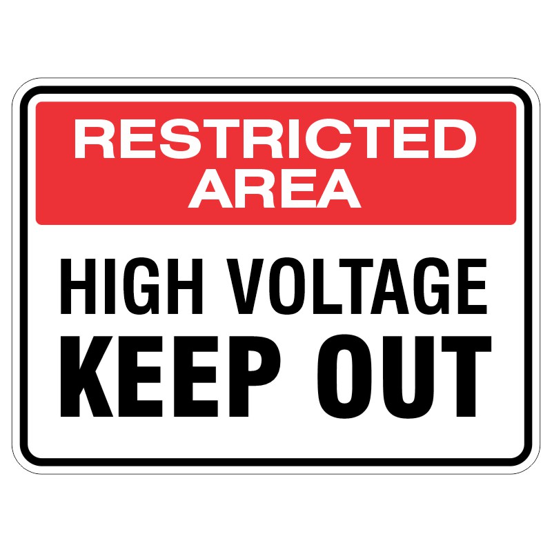 A warning sign with a red background that reads 'RESTRICTED AREA' at the top, followed by 'HIGH VOLTAGE' and 'KEEP OUT' in large black letters.