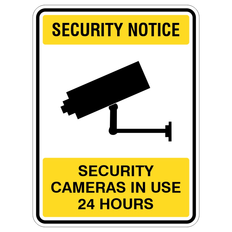 A security notice sign featuring a silhouette of a CCTV camera, with text that reads 'SECURITY NOTICE' at the top and 'SECURITY CAMERAS IN USE 24 HOURS' at the bottom, set against a yellow background.