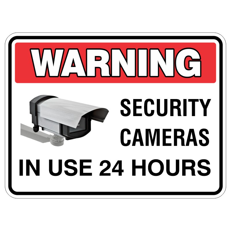A warning sign indicating that security cameras are in use 24 hours, featuring an illustration of a security camera next to the bold text 'WARNING SECURITY CAMERAS IN USE 24 HOURS'.