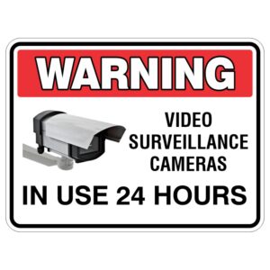 A warning sign indicating that video surveillance cameras are in use 24 hours, featuring an image of a CCTV camera.