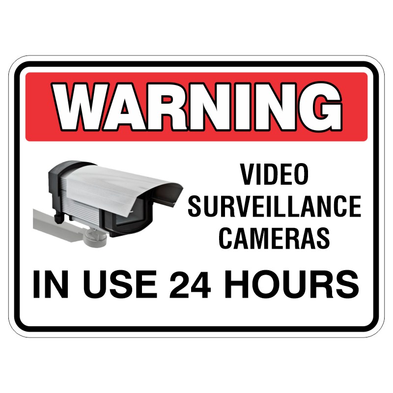 A warning sign indicating that video surveillance cameras are in use 24 hours, featuring an image of a CCTV camera.