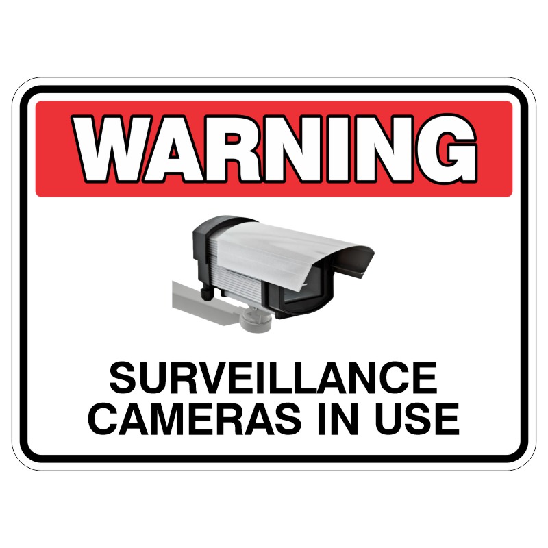A warning sign indicating that surveillance cameras are in use, featuring a graphic of a security camera and bold text stating 'WARNING' at the top and 'SURVEILLANCE CAMERAS IN USE' below.
