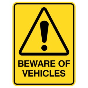 This durable aluminum sign, similar to soda can material, features a protective coating against sun and rain. It serves as a reminder for people to be cautious of nearby vehicles, clearly stating, "Beware of Vehicles," ensuring safety in busy areas.