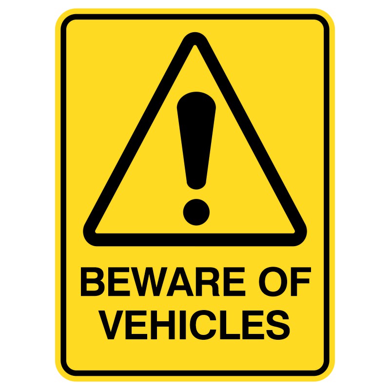 This durable aluminum sign, similar to soda can material, features a protective coating against sun and rain. It serves as a reminder for people to be cautious of nearby vehicles, clearly stating, "Beware of Vehicles," ensuring safety in busy areas.