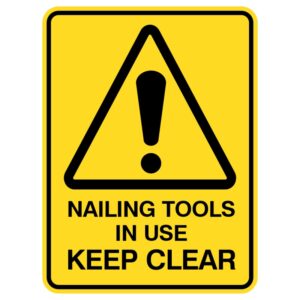 The sign "Watch Out! People are using hammers!" is made of durable aluminum, ensuring it withstands outdoor conditions while remaining visually appealing. It effectively warns people to keep a safe distance from areas where tools are in use, enhancing safety on construction sites and repair locations. Its visibility and longevity make it an essential safety feature.