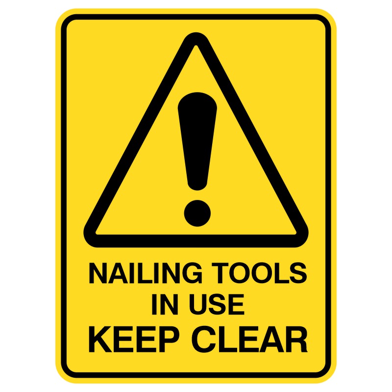 The sign "Watch Out! People are using hammers!" is made of durable aluminum, ensuring it withstands outdoor conditions while remaining visually appealing. It effectively warns people to keep a safe distance from areas where tools are in use, enhancing safety on construction sites and repair locations. Its visibility and longevity make it an essential safety feature.