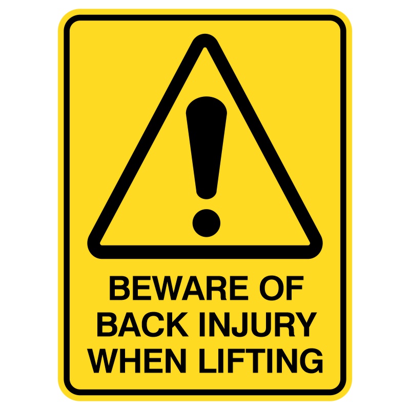 The sign reads, "Be Careful! Lifting Can Hurt Your Back!" Made of durable weather-resistant material, it reminds individuals to lift carefully, similar to picking up toys, to prevent injury. It's commonly found in warehouses and construction sites to promote safety in lifting heavy objects.