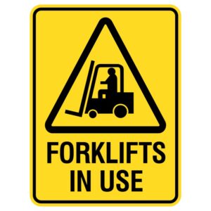 We have durable metal signs that read "Forklifts In Use." These shiny signs are highly visible in any weather, helping keep everyone safe around forklifts in factories. They're easy to install and long-lasting, ensuring workplace safety.