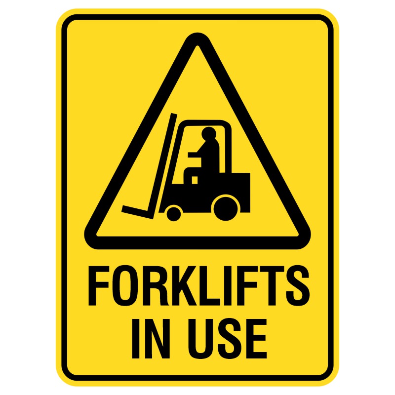 We have durable metal signs that read "Forklifts In Use." These shiny signs are highly visible in any weather, helping keep everyone safe around forklifts in factories. They're easy to install and long-lasting, ensuring workplace safety.