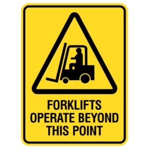 Imagine a durable metal sign, like a superhero shield, warning everyone to be cautious of big trucks (like forklifts) nearby. This sign withstands rain and sun, just like your toy stays dry under a towel. It can be placed indoors or outdoors to ensure safety awareness.