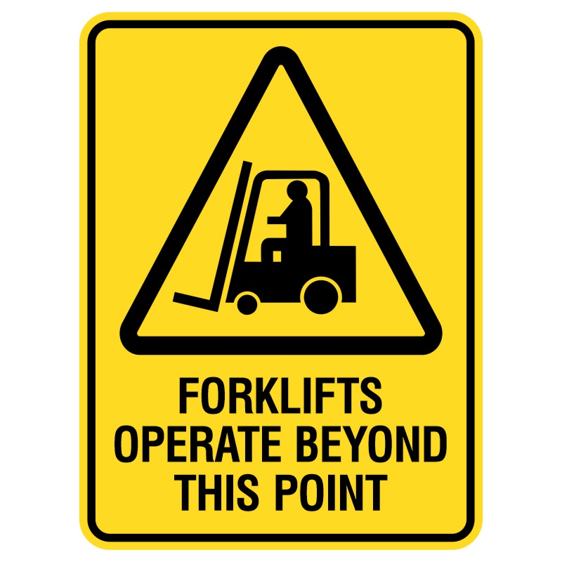 Imagine a durable metal sign, like a superhero shield, warning everyone to be cautious of big trucks (like forklifts) nearby. This sign withstands rain and sun, just like your toy stays dry under a towel. It can be placed indoors or outdoors to ensure safety awareness.