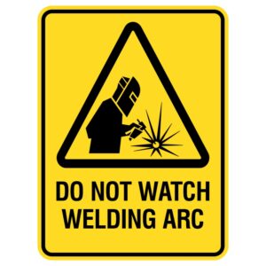This durable sticker reads "Don't Look at the Welding Light!" and is made from weather-resistant metal, ensuring long-lasting visibility. It's designed for use in factories and construction areas to remind people to protect their eyes from harmful welding light.