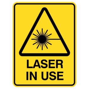 The sign warns about a laser in use and is durable enough to withstand rain and sun. With large letters and bright images, it ensures quick visibility and understanding, promoting safety in places like factories, science labs, and workshops where lasers are present.