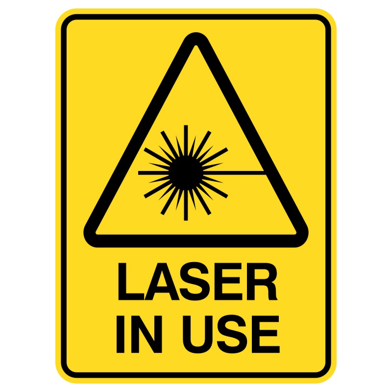 The sign warns about a laser in use and is durable enough to withstand rain and sun. With large letters and bright images, it ensures quick visibility and understanding, promoting safety in places like factories, science labs, and workshops where lasers are present.