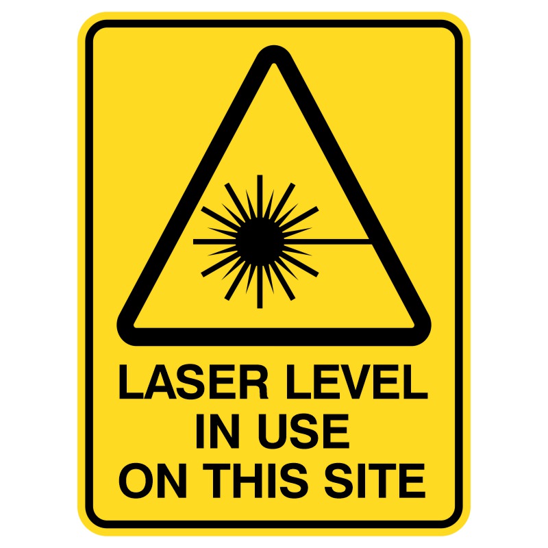 Imagine a sturdy, shiny metal sign that reads "Watch Out! We're Using a Laser Here!" It's a bright, clear warning reminding everyone to stay safe near the construction site, rain or shine. The large, easy-to-read letters ensure visibility for all.