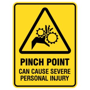 These shiny metal signs, coated in durable plastic for longevity, feature a prominent warning: “Pinch Point Can Cause Severe Personal Injury.” They serve as important reminders for safety in high-traffic areas like shops and factories, alerting people to the risk of injury.