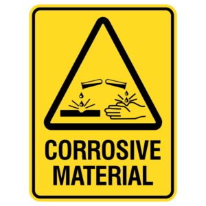 These shiny metal signs indicate dangerous chemicals and are designed to withstand harsh weather, ensuring safety.