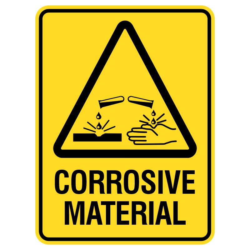 These shiny metal signs indicate dangerous chemicals and are designed to withstand harsh weather, ensuring safety.