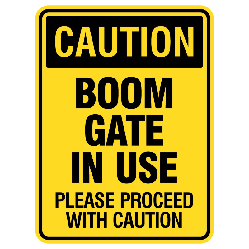The shiny, durable metal sign reads, "Boom Gate Is Working - Be Careful!" It warns pedestrians and drivers to exercise caution around the moving gate for their safety.
